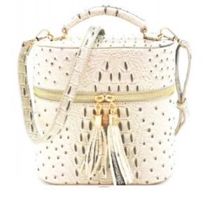 Faux Animal Print Beige Embossed Top Handle Satchel